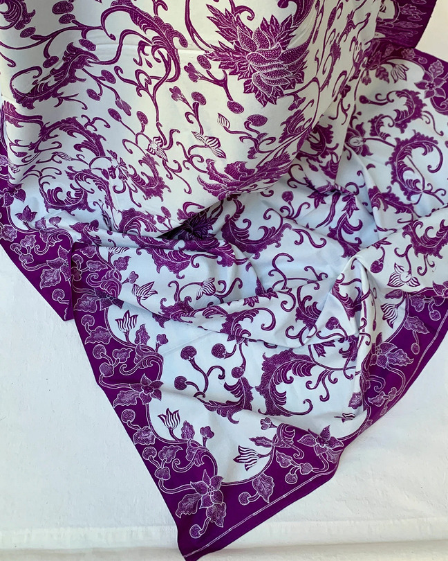 Fantastik floral batik tulis hip wrapper, purple on white